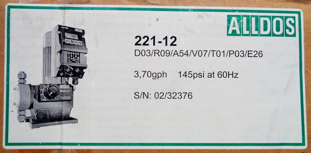 ALLDOS PRIMUS 221 DOSING PUMP 221-12 D03/R09/A54/V07 W/ SIEMENS MOTOR